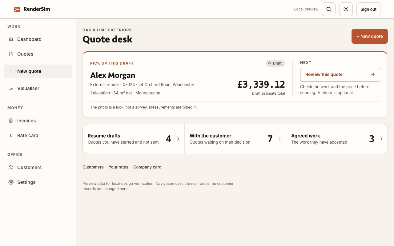 The app's quote desk with fictional sample jobs